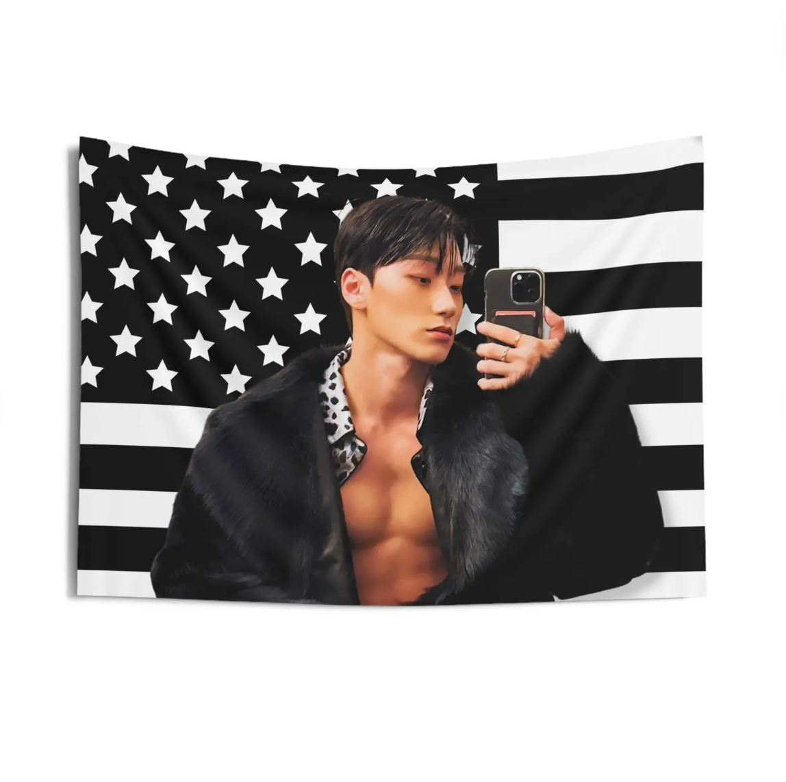 Ateez San Black American Flag Tapestry